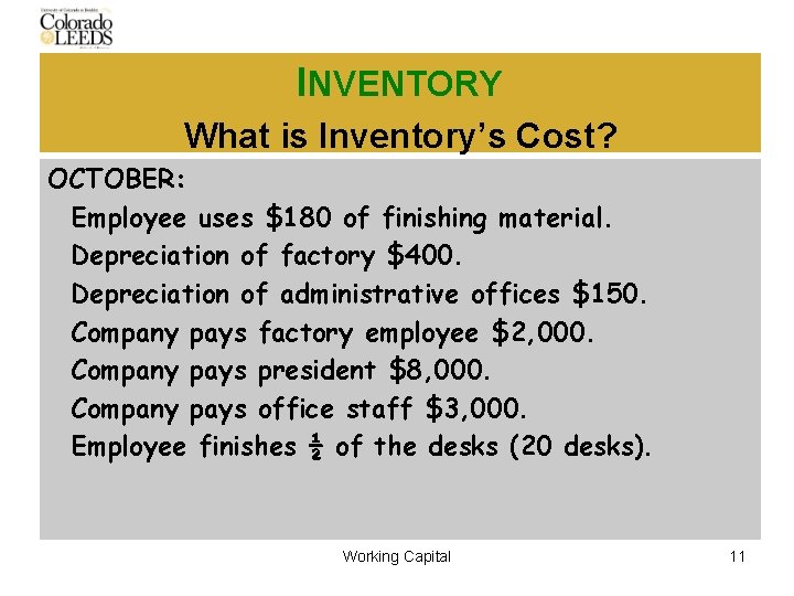 INVENTORY What is Inventory’s Cost? OCTOBER: Employee uses $180 of finishing material. Depreciation of
