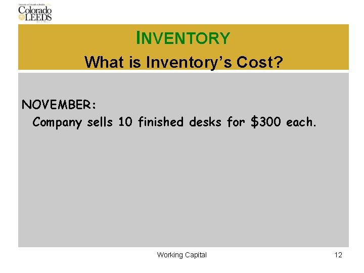 INVENTORY What is Inventory’s Cost? NOVEMBER: Company sells 10 finished desks for $300 each.