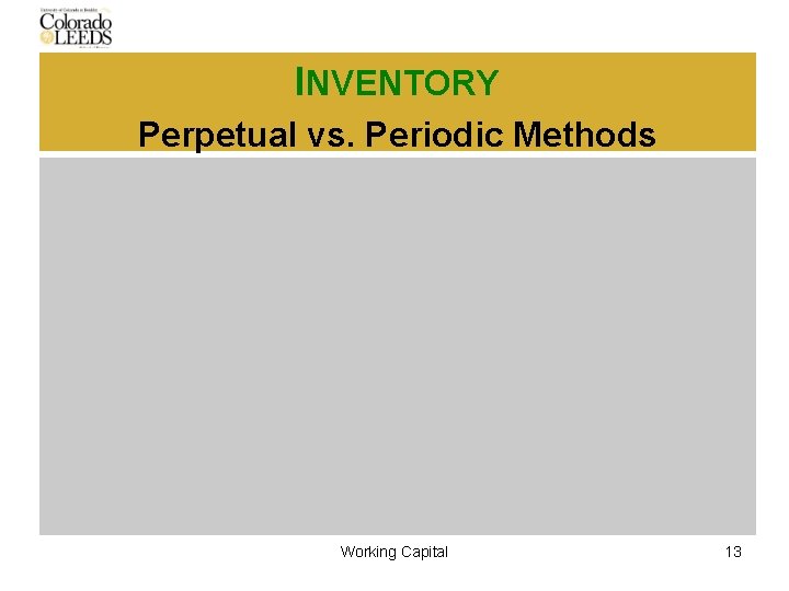 INVENTORY Perpetual vs. Periodic Methods Working Capital 13 