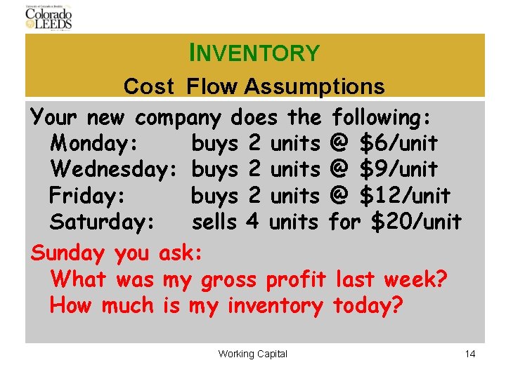 INVENTORY Cost Flow Assumptions Your new company does the following: Monday: buys 2 units
