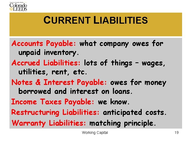 CURRENT LIABILITIES Accounts Payable: what company owes for unpaid inventory. Accrued Liabilities: lots of