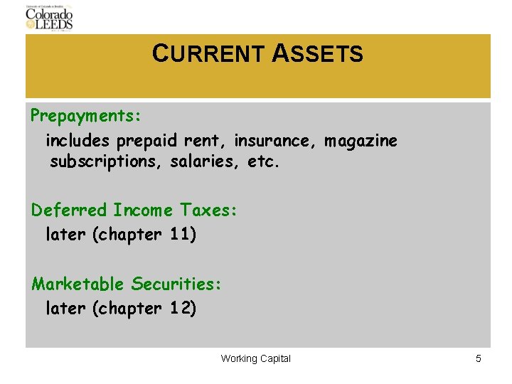CURRENT ASSETS Prepayments: includes prepaid rent, insurance, magazine subscriptions, salaries, etc. Deferred Income Taxes: