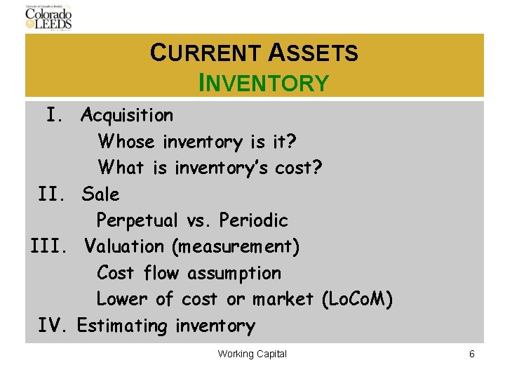 CURRENT ASSETS INVENTORY I. Acquisition Whose inventory is it? What is inventory’s cost? II.