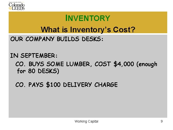 INVENTORY What is Inventory’s Cost? OUR COMPANY BUILDS DESKS: IN SEPTEMBER: CO. BUYS SOME