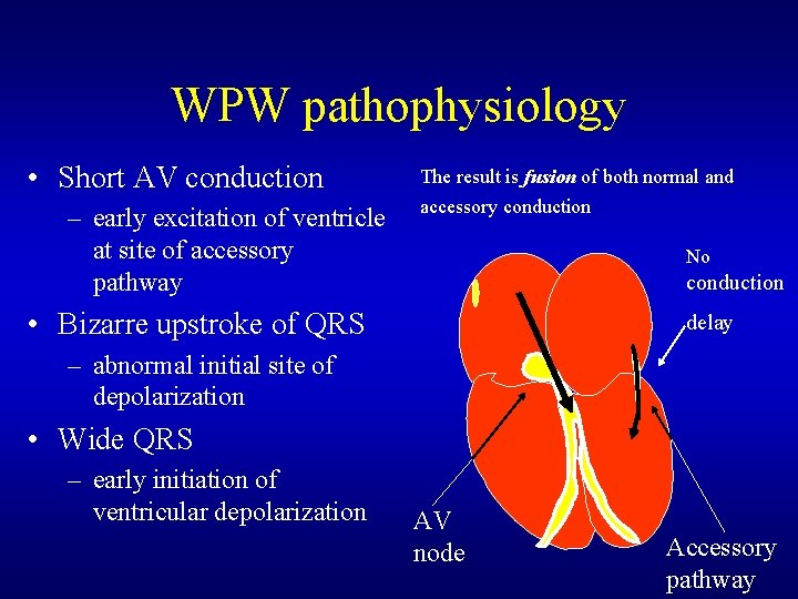 WPW pathophysiology • Short AV conduction – early excitation of ventricle at site of WPW pathophysiology • Short AV conduction – early excitation of ventricle at site of