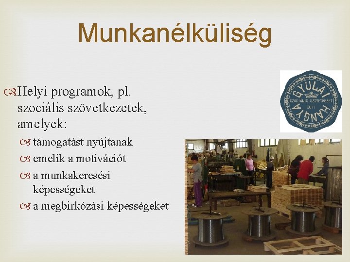 Munkanélküliség Helyi programok, pl. szociális szövetkezetek, amelyek: támogatást nyújtanak emelik a motivációt a munkakeresési