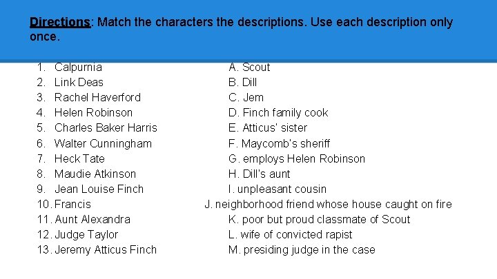 Directions: Match the characters the descriptions. Use each description only once. 1. Calpurnia 2.