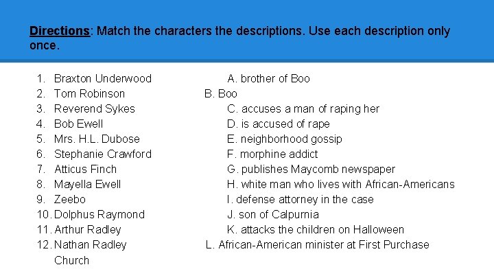 Directions: Match the characters the descriptions. Use each description only once. 1. Braxton Underwood
