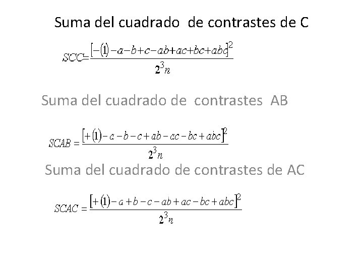 Suma del cuadrado de contrastes de C Suma del cuadrado de contrastes AB Suma Suma del cuadrado de contrastes de C Suma del cuadrado de contrastes AB Suma