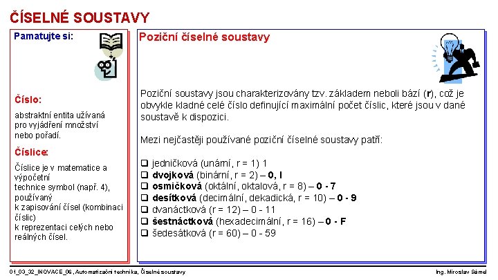 ČÍSELNÉ SOUSTAVY Pamatujte si: Poziční číselné soustavy Poziční soustavy jsou charakterizovány tzv. základem neboli