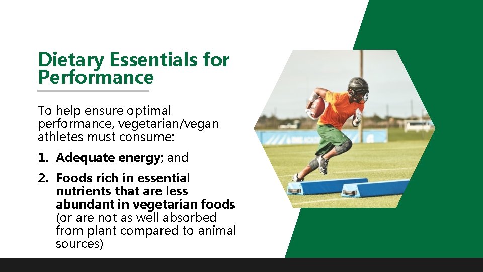 Dietary Essentials for Performance To help ensure optimal performance, vegetarian/vegan athletes must consume: 1.