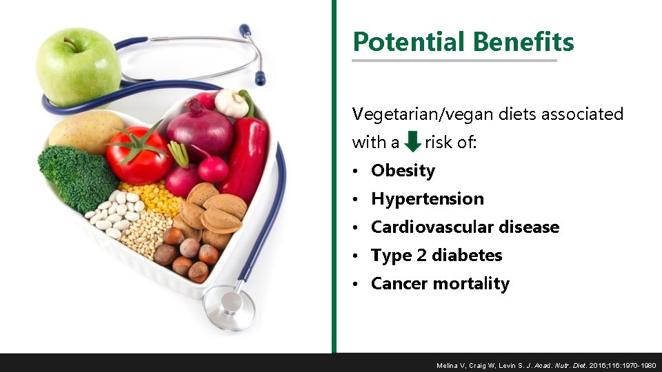 Potential Benefits Vegetarian/vegan diets associated with a risk of: • Obesity • Hypertension •