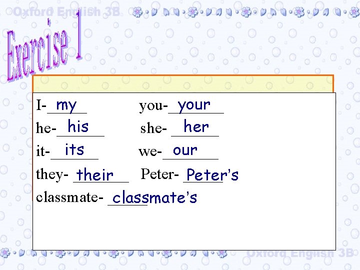 my I-_____ his he-______ its it-______ your you-_______ her she- ______ our we-_______ they-