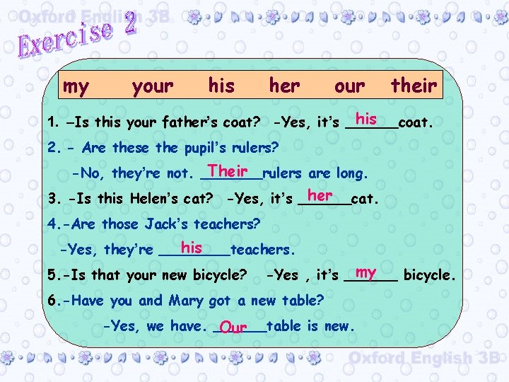 my your his her our their his 1. –Is this your father’s coat? -Yes,