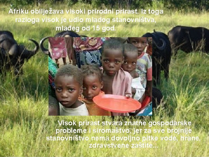 Afriku obilježava visoki prirodni prirast. Iz toga razloga visok je udio mladog stanovništva, mlađeg