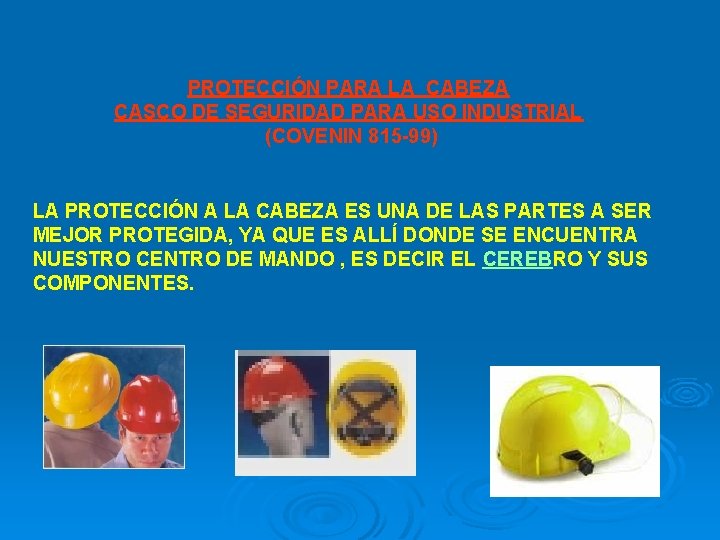 PROTECCIÓN PARA LA CABEZA CASCO DE SEGURIDAD PARA USO INDUSTRIAL (COVENIN 815 -99) LA