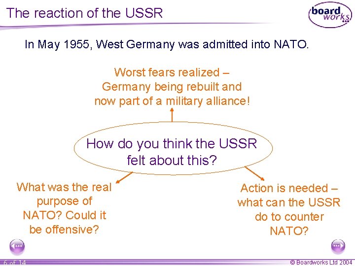 The reaction of the USSR In May 1955, West Germany was admitted into NATO.