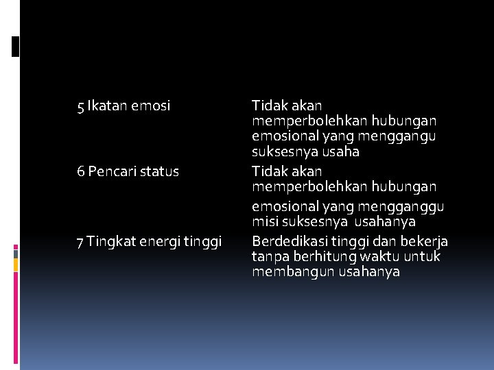 5 Ikatan emosi 6 Pencari status 7 Tingkat energi tinggi Tidak akan memperbolehkan hubungan