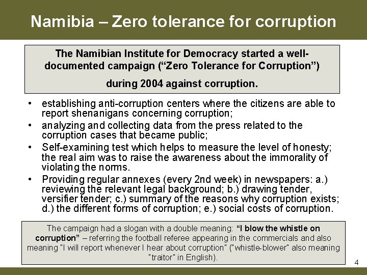 Namibia – Zero tolerance for corruption The Namibian Institute for Democracy started a welldocumented