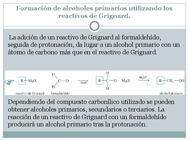 Formación de alcoholes primarios utilizando los reactivos de Grignard. La adición de un reactivo Formación de alcoholes primarios utilizando los reactivos de Grignard. La adición de un reactivo
