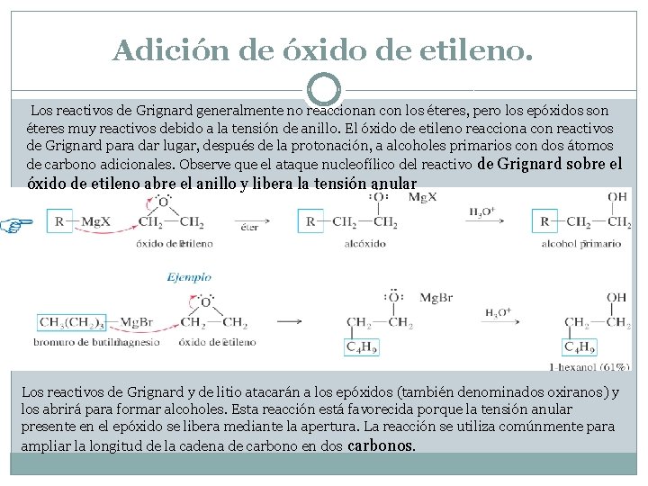 Adición de óxido de etileno. Los reactivos de Grignard generalmente no reaccionan con los Adición de óxido de etileno. Los reactivos de Grignard generalmente no reaccionan con los