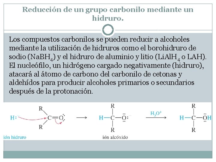 Reducción de un grupo carbonilo mediante un hidruro. Los compuestos carbonilos se pueden reducir Reducción de un grupo carbonilo mediante un hidruro. Los compuestos carbonilos se pueden reducir