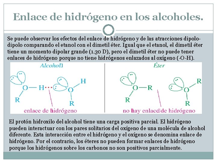 Enlace de hidrógeno en los alcoholes. Se puede observar los efectos del enlace de Enlace de hidrógeno en los alcoholes. Se puede observar los efectos del enlace de