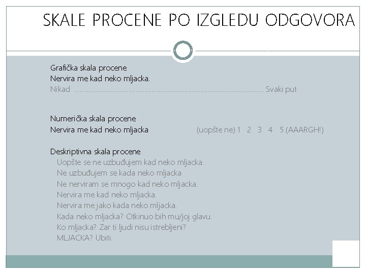 SKALE PROCENE PO IZGLEDU ODGOVORA Grafička skala procene Nervira me kad neko mljacka. Nikad.