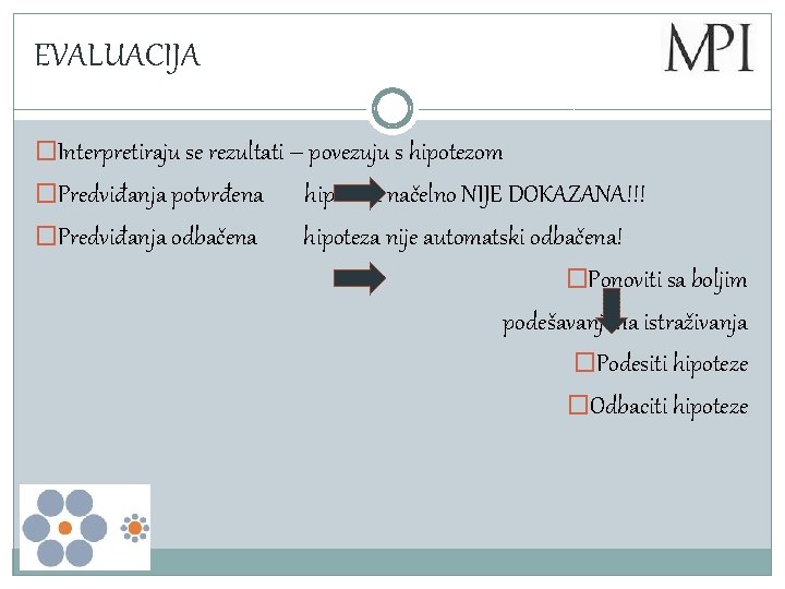 EVALUACIJA �Interpretiraju se rezultati – povezuju s hipotezom �Predviđanja potvrđena �Predviđanja odbačena hipoteza načelno