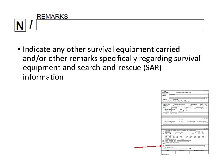  • Indicate any other survival equipment carried and/or other remarks specifically regarding survival