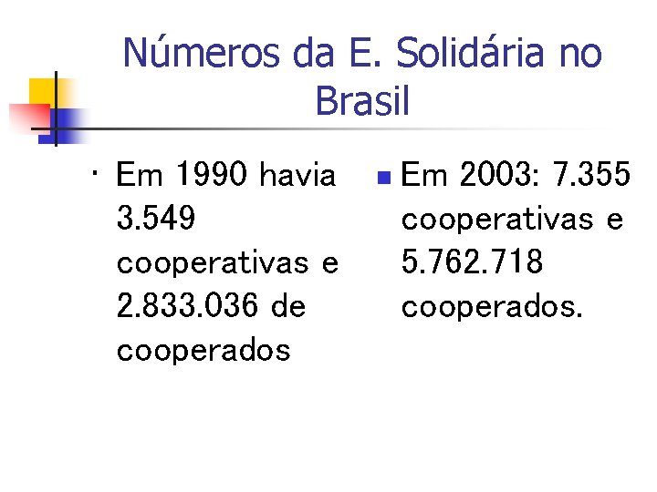 Números da E. Solidária no Brasil • Em 1990 havia 3. 549 cooperativas e