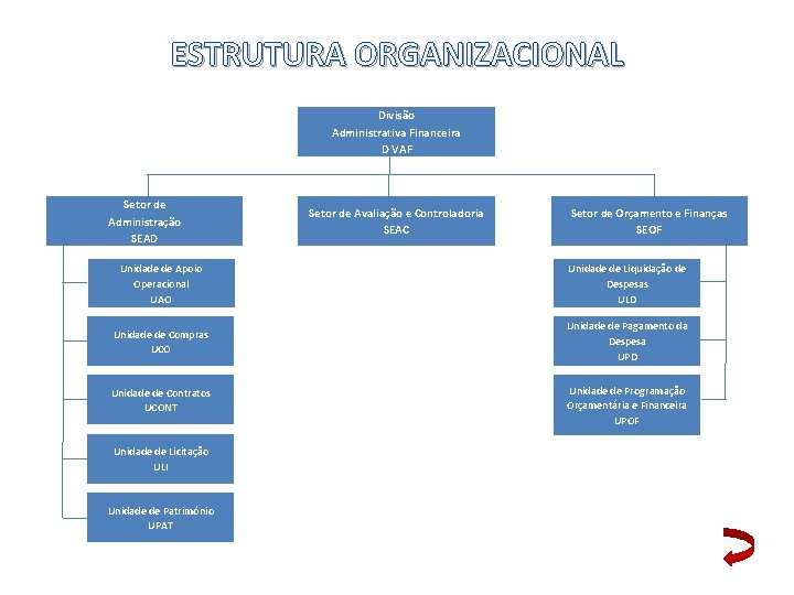 ESTRUTURA ORGANIZACIONAL Divisão Administrativa Financeira DIVAF Setor de Administração SEAD Setor de Avaliação e