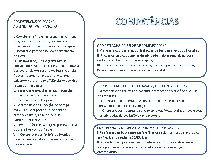 COMPETÊNCIAS DA DIVISÃO ADMINISTRATIVA FINANCEIRA: I. Coordenar a implementação das políticas de gestão administrativa,