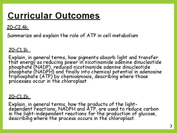 Curricular Outcomes 20–C 2. 4 k Summarize and explain the role of ATP in