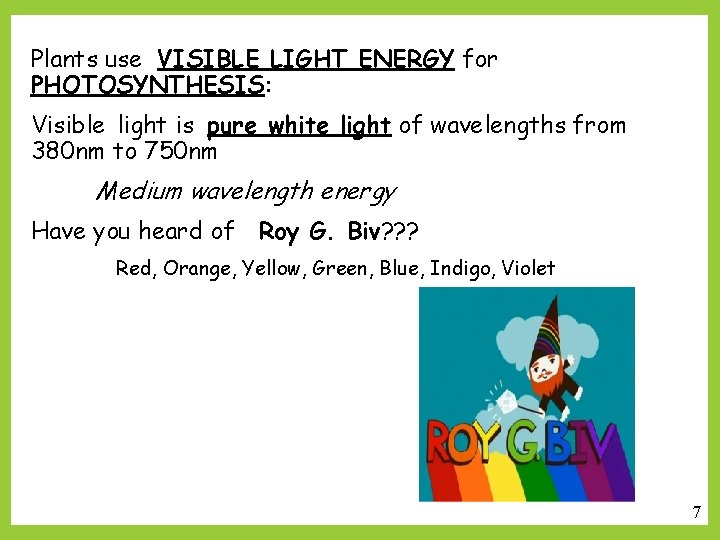 Plants use VISIBLE LIGHT ENERGY for PHOTOSYNTHESIS: Visible light is pure white light of