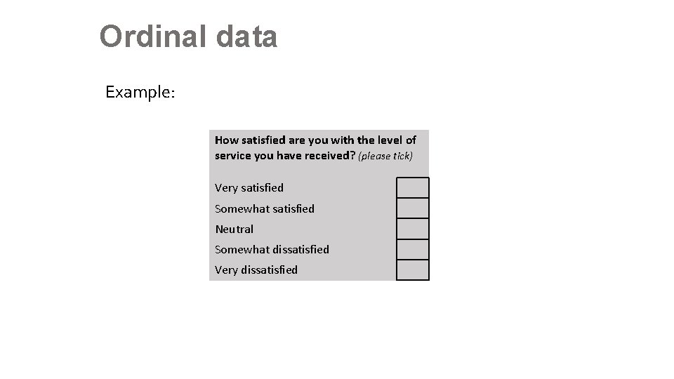 Ordinal data Example: How satisfied are you with the level of service you have