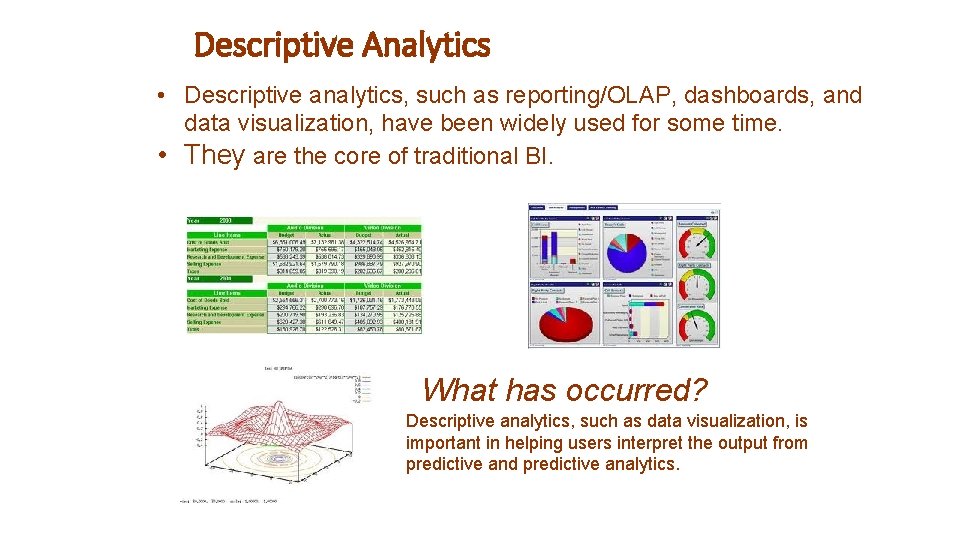 Descriptive Analytics • Descriptive analytics, such as reporting/OLAP, dashboards, and data visualization, have been