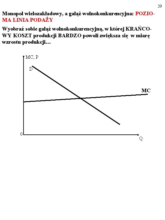 39 Monopol wielozakładowy, a gałąź wolnokonkurencyjna: POZIOMA LINIA PODAŻY Wyobraź sobie gałąź wolnokonkurencyjną, w