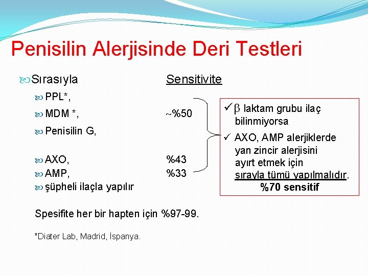 Penisilin Alerjisinde Deri Testleri Sırasıyla Sensitivite PPL*, MDM *, %50 Penisilin G, AXO, AMP,