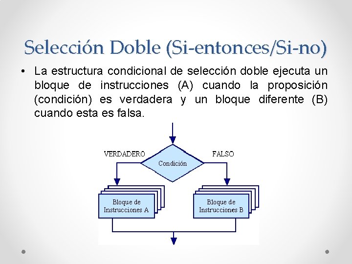Selección Doble (Si-entonces/Si-no) • La estructura condicional de selección doble ejecuta un bloque de