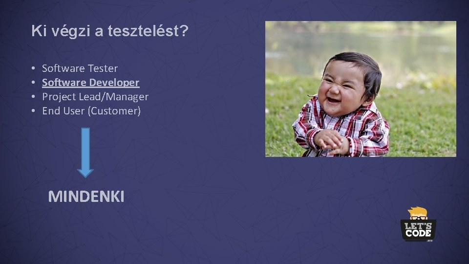Ki végzi a tesztelést? • • Software Tester Software Developer Project Lead/Manager End User