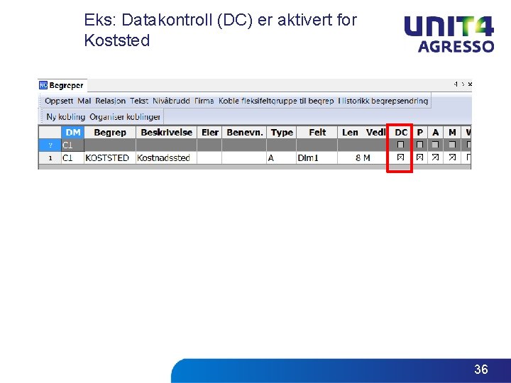 Eks: Datakontroll (DC) er aktivert for Koststed 36 Eks: Datakontroll (DC) er aktivert for Koststed 36