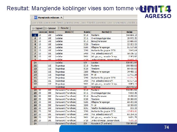 Resultat: Manglende koblinger vises som tomme verdier! 74 Resultat: Manglende koblinger vises som tomme verdier! 74