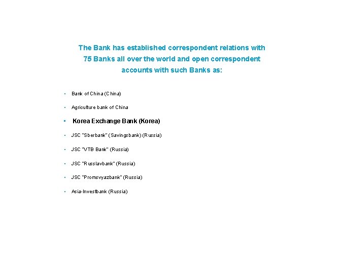 The Bank has established correspondent relations with 75 Banks all over the world and