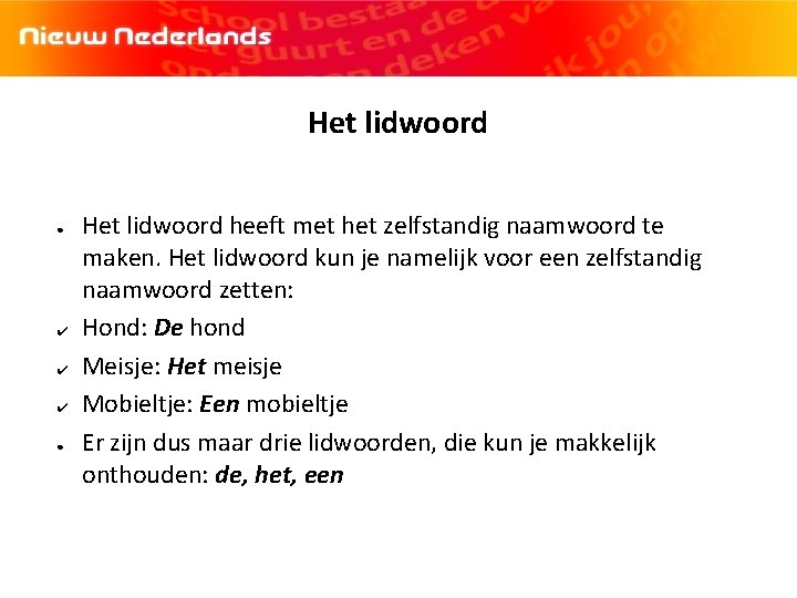 Het lidwoord ● ✔ ✔ ✔ ● Het lidwoord heeft met het zelfstandig naamwoord