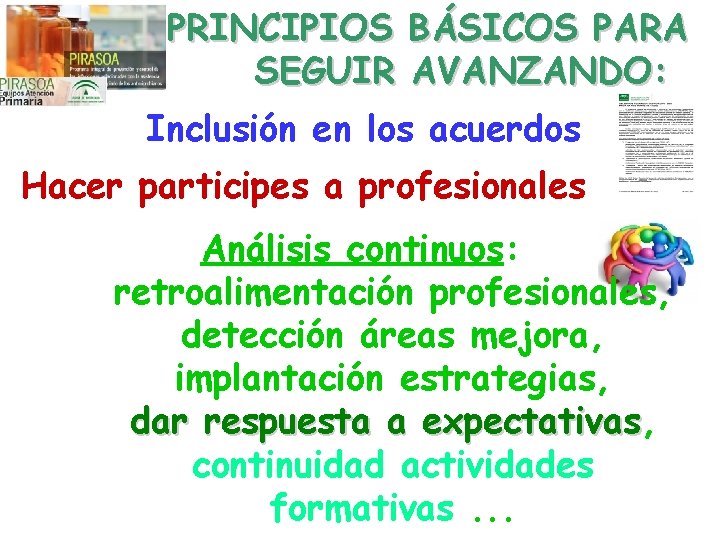 PRINCIPIOS BÁSICOS PARA SEGUIR AVANZANDO: Inclusión en los acuerdos Hacer participes a profesionales Análisis
