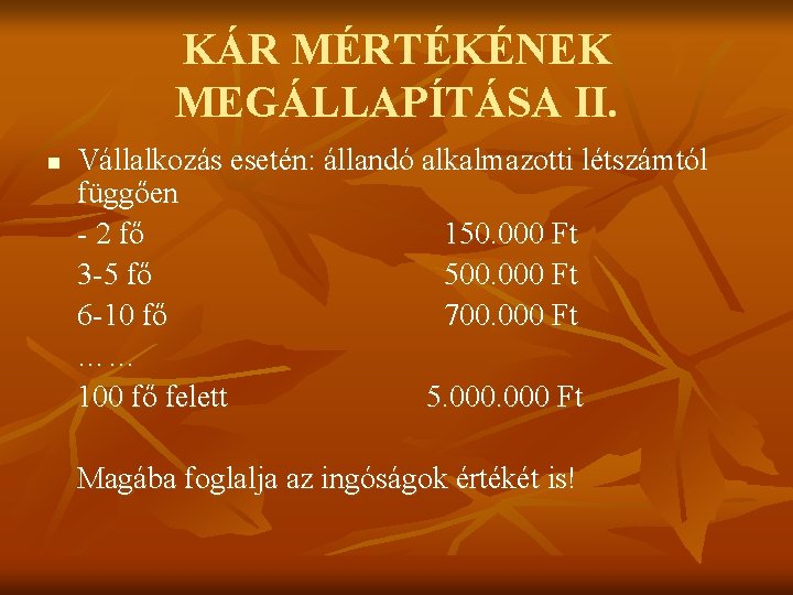 KÁR MÉRTÉKÉNEK MEGÁLLAPÍTÁSA II. n Vállalkozás esetén: állandó alkalmazotti létszámtól függően - 2 fő