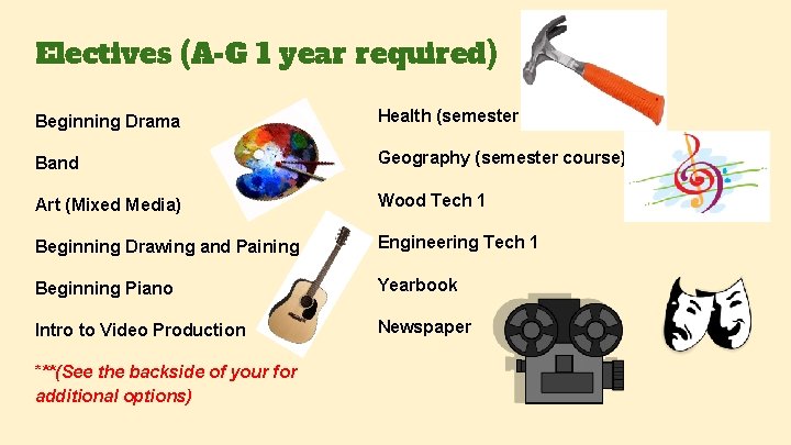Electives (A-G 1 year required) Beginning Drama Health (semester course) Band Geography (semester course)
