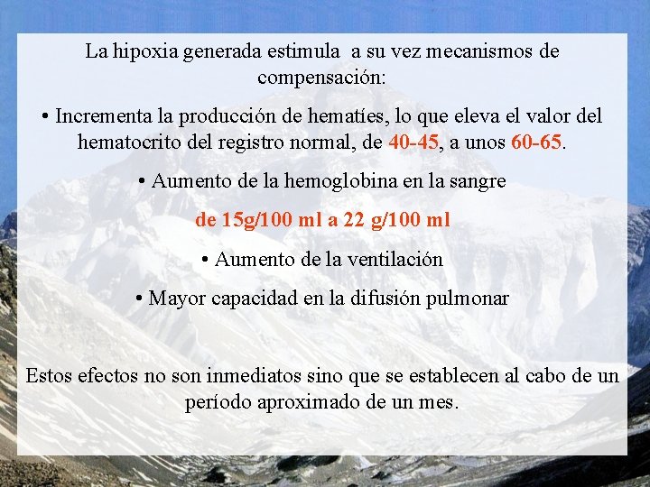 La hipoxia generada estimula a su vez mecanismos de compensación: • Incrementa la producción