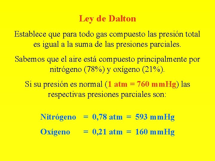 Ley de Dalton Establece que para todo gas compuesto las presión total es igual
